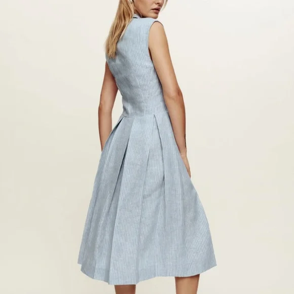 NEW Reformation Prim Linen Midi Dress - Blue White Stripes Casual - Picture 4 of 9